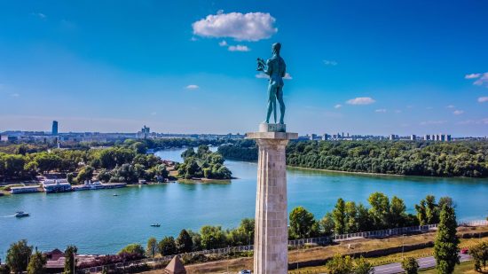 Pobednik (The Victor) Monument in Belgrade which overlooks the confluence of the Danube and Save rivers.