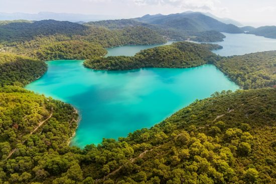Aerial of Mljet National Park which has some of the most beautiful and best preserved pine forests in Europe.