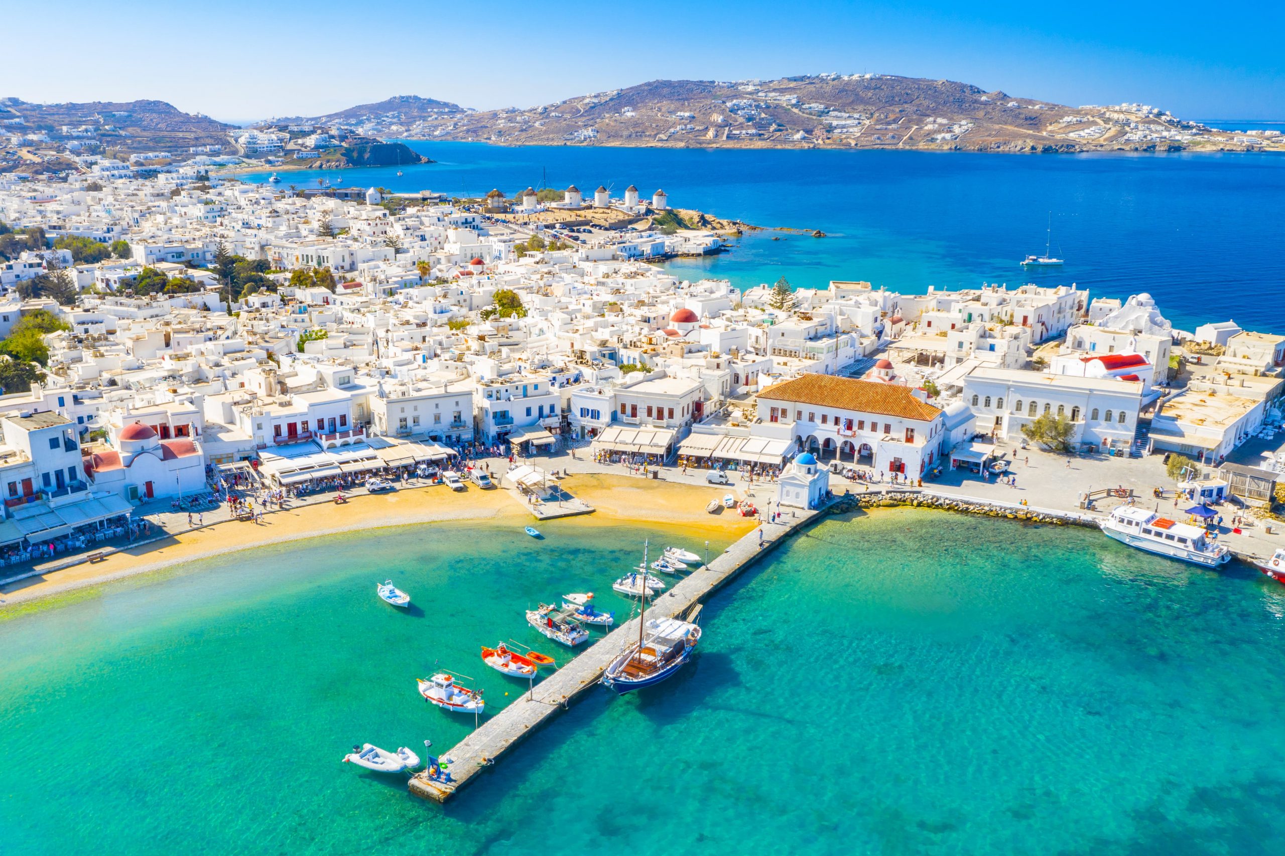 Panoramic view of Mykonos town, Cyclades Islands