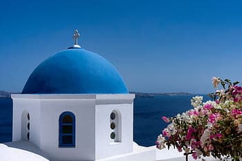 The iconic blue rooftops of Santorini